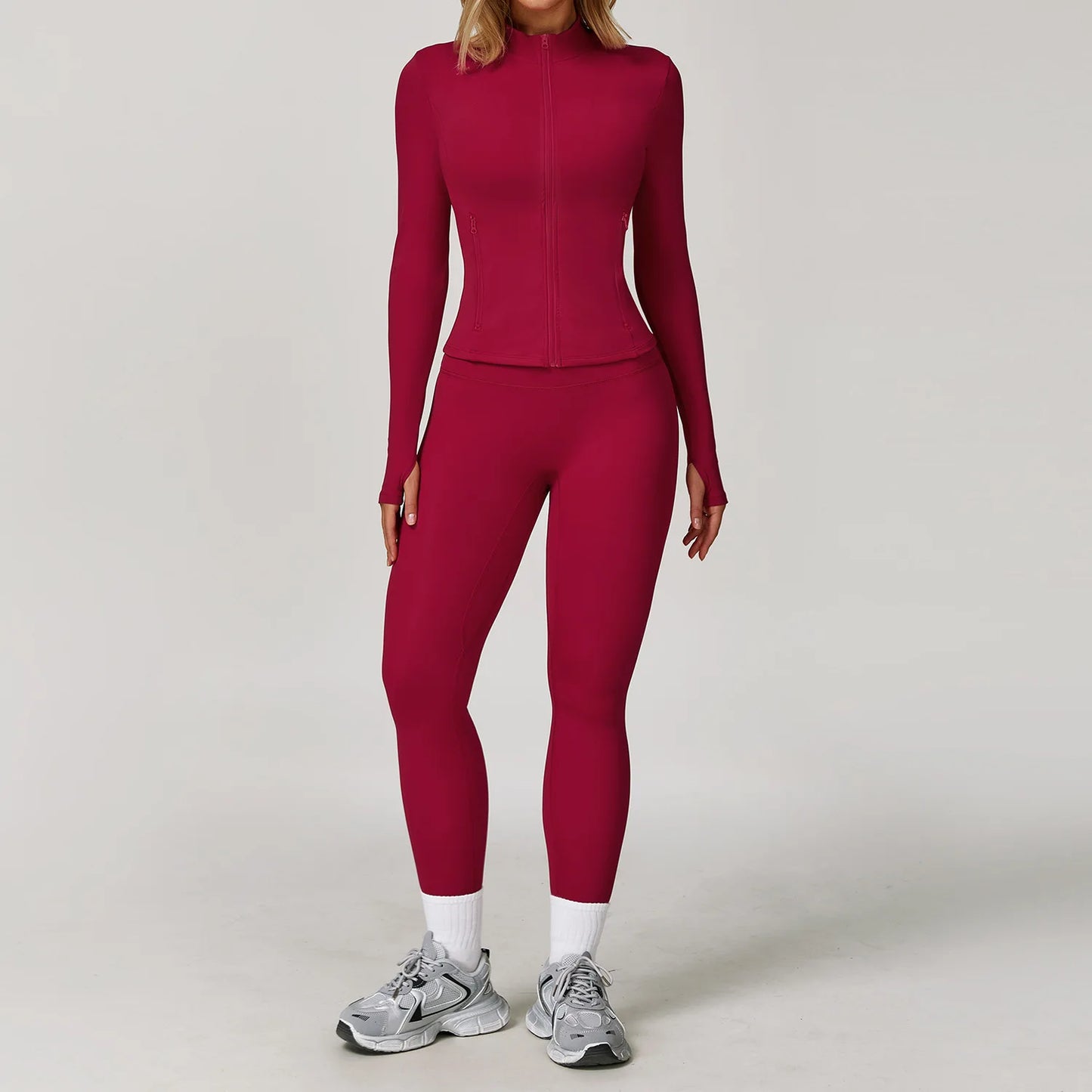 Seamless Yoga Set for Women | Long Sleeve Sports Bra and Leggings Workout Set with Breathable Stretch Fabric Raspberry Red 2PCS-6