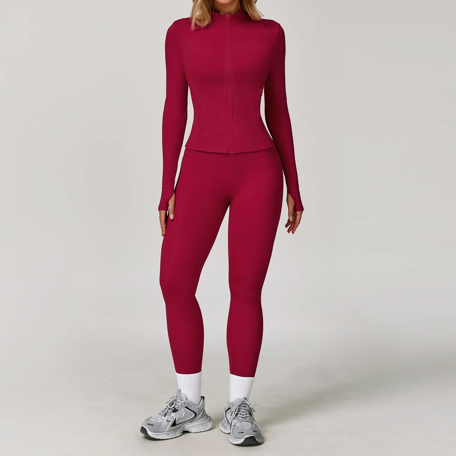 Seamless Yoga Set for Women | Long Sleeve Sports Bra and Leggings Workout Set with Breathable Stretch Fabric Raspberry Red 2PCS-6
