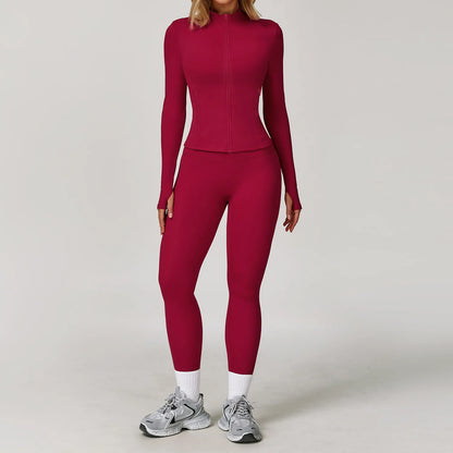 Seamless Yoga Set for Women | Long Sleeve Sports Bra and Leggings Workout Set with Breathable Stretch Fabric Raspberry Red 2PCS-6