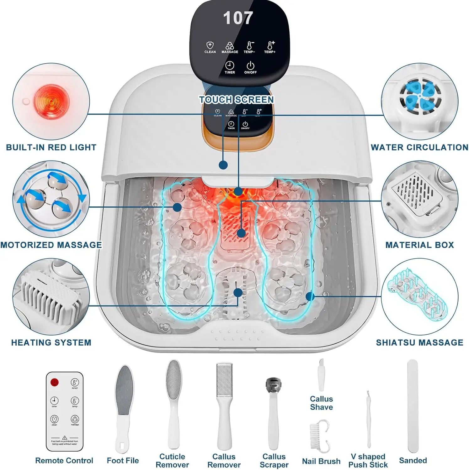 Collapsible Heated Foot Spa Massager with Motorized Rollers, Bubbles, Temperature Control & Pedicure Kit