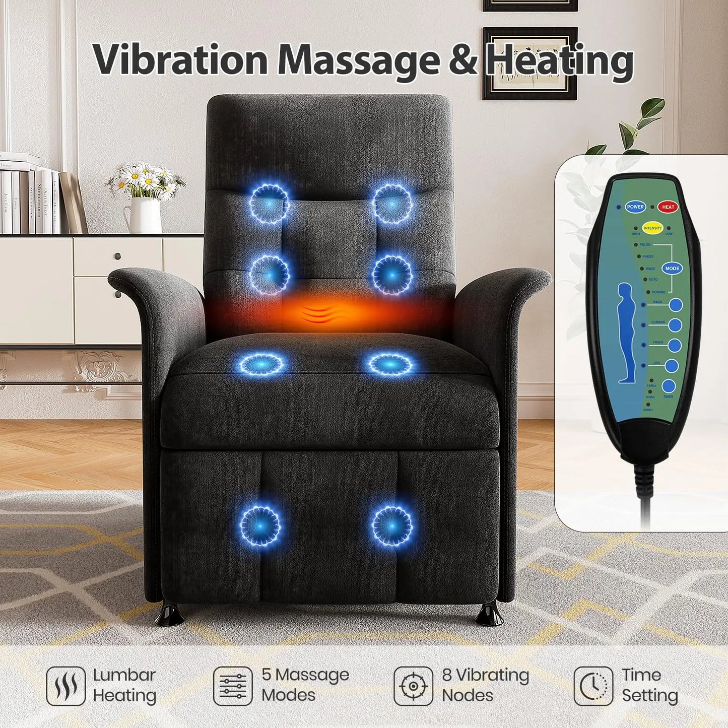 Power Recliner Chair with Massage and Heat | Electric Reclining Chair with 8 Vibration Nodes, Footrest & Side Pockets