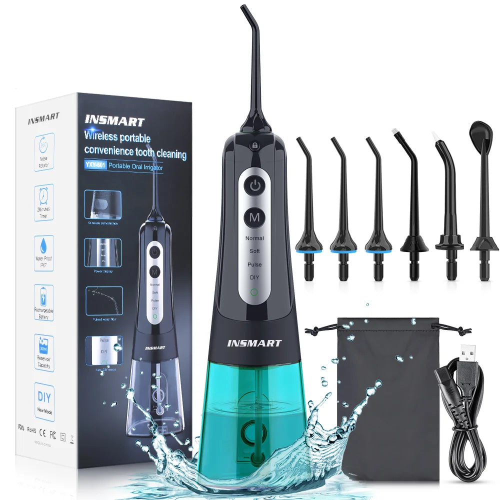 Cordless Water Flosser | Portable Oral Irrigator for Teeth & Gums | Rechargeable, IPX7 Waterproof, 4 Modes, 5 Tips | Deep Dental Cleaning Device Black Emerald