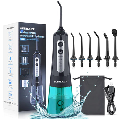 Cordless Water Flosser | Portable Oral Irrigator for Teeth & Gums | Rechargeable, IPX7 Waterproof, 4 Modes, 5 Tips | Deep Dental Cleaning Device Black Emerald