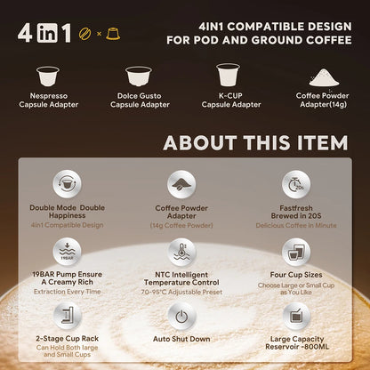 4-in-1 Capsule Coffee Machine for Nespresso, K-Cup & Dolce Gusto | 19-Bar Espresso Maker for Ground Coffee with Hot Water Mode