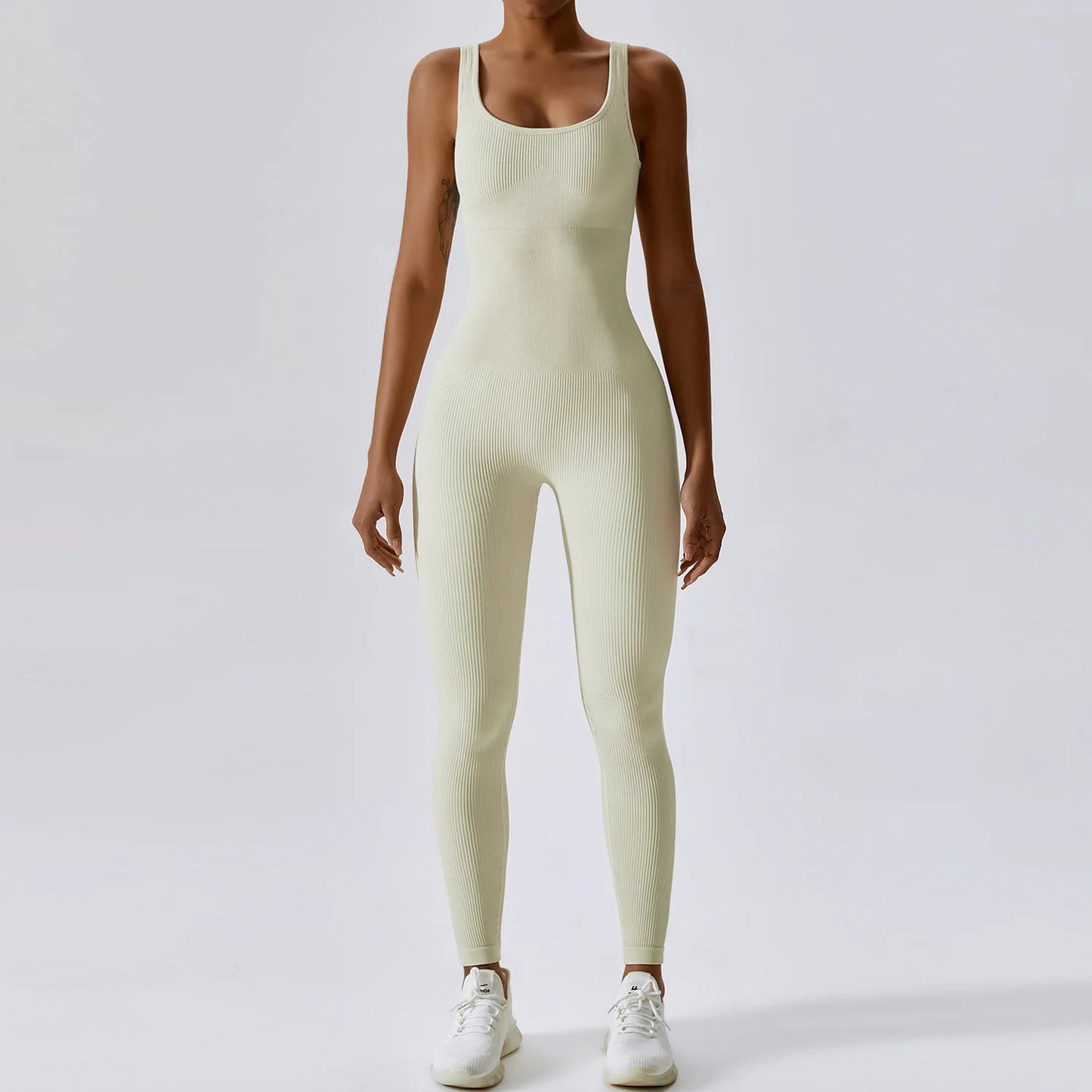 Yoga Jumpsuit for Women | Seamless One Piece Workout Bodysuit with Quick-Dry Stretch Compression Fit Oat Milk