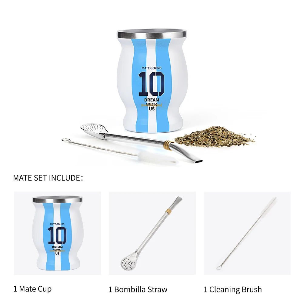 Yerba Mate Cup Set | Argentina-Inspired Stainless Steel Mate Gourd with Bombilla Straw & Cleaning Brush