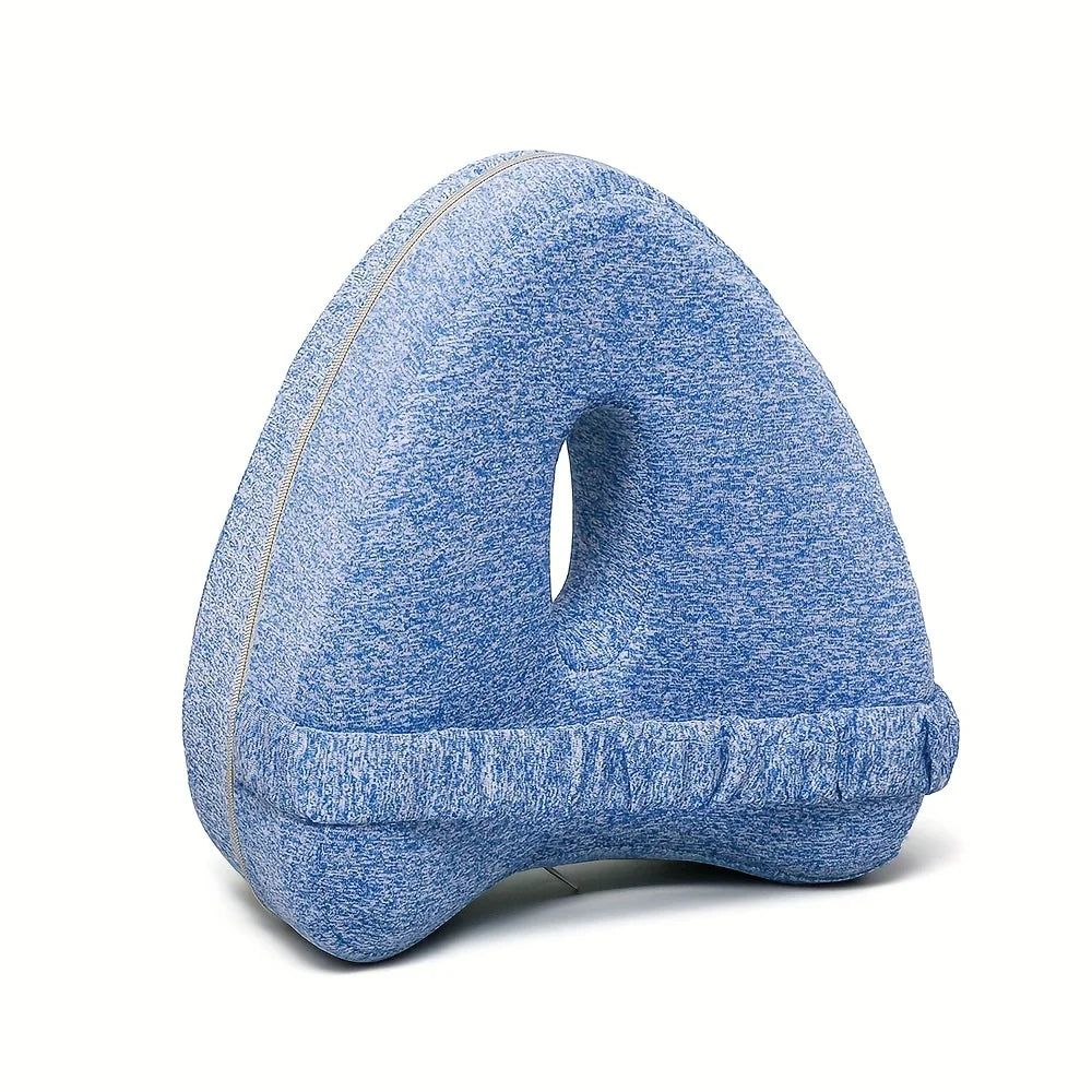 Memory Foam Knee Pillow for Side Sleepers | Ergonomic Leg Spacer with Elastic Strap & Removable Washable Cover Blue