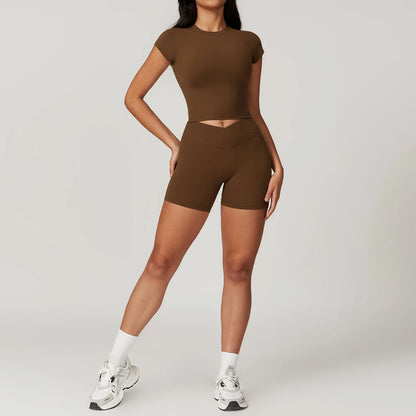 Yoga Set for Women | 2-Piece Short Sleeve Crop Top and High Waisted Leggings Workout Outfit with Quick-Dry Stretch Fabric Light Coffee Set-1