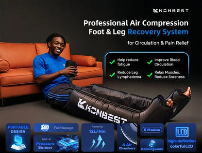 Air Compression Recovery Boots | 4-Chamber Leg Massager with 30–240 mmHg, 5 Intensities, LCD Timer & Rechargeable Battery