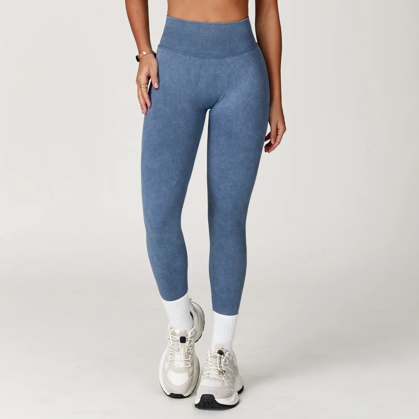 Seamless Yoga Leggings for Women | High Waisted Ribbed Workout Leggings with Stretch Compression Fit Denim Blue