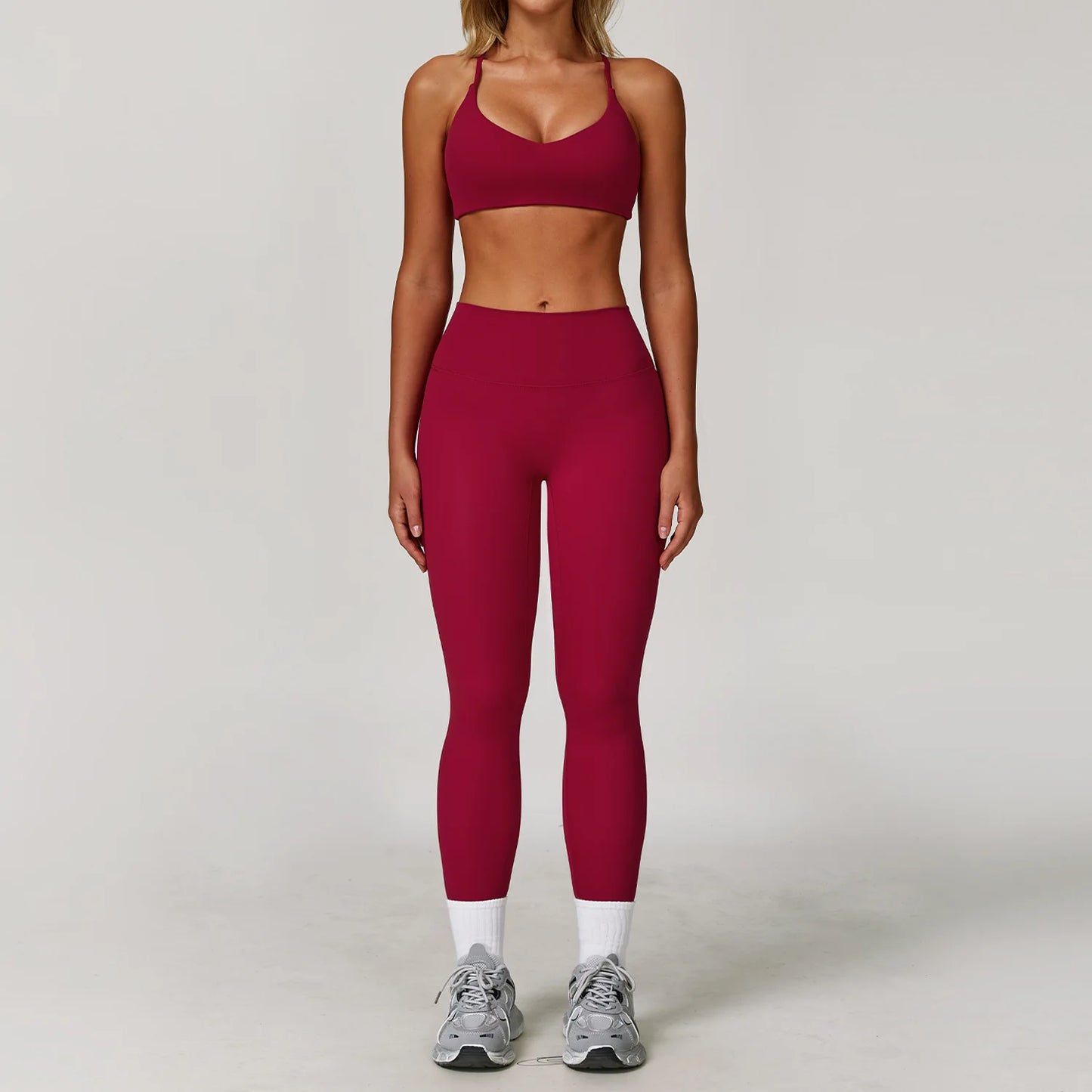Seamless Yoga Set for Women | Long Sleeve Sports Bra and Leggings Workout Set with Breathable Stretch Fabric Raspberry Red 2PCS-3