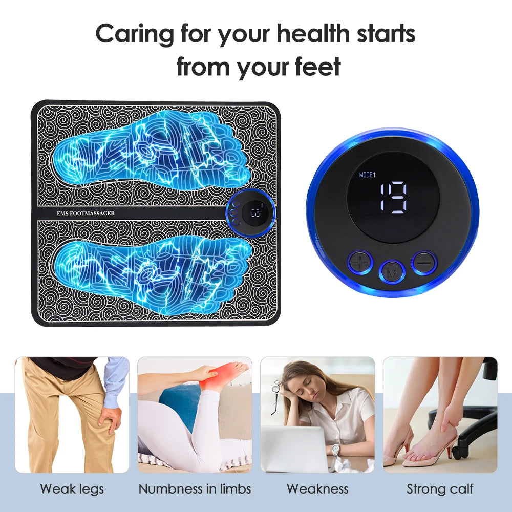 EMS Foot Massager Mat with Remote | USB-C Rechargeable Foot and Leg Stimulator with 8 Modes and 19 Intensity Levels