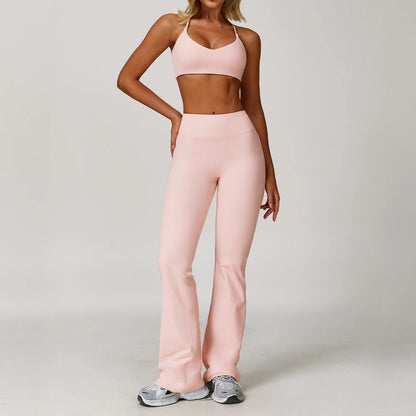 Seamless Yoga Set for Women | Long Sleeve Sports Bra and Leggings Workout Set with Breathable Stretch Fabric Peach powder 2PCS-1