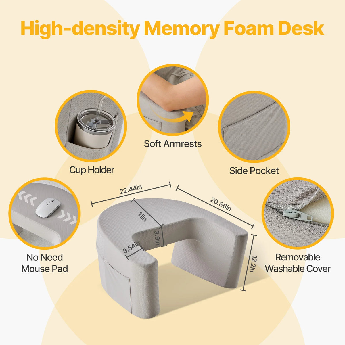 Memory Foam Lap Desk Pillow with Cup Holder & Side Pocket