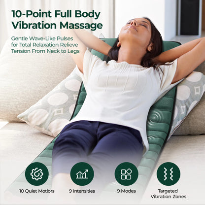 Full Body Massage Mat with Heat | 10 Vibration Motors, 9 Modes, Detachable Neck Pillow & Optional Foot Massager