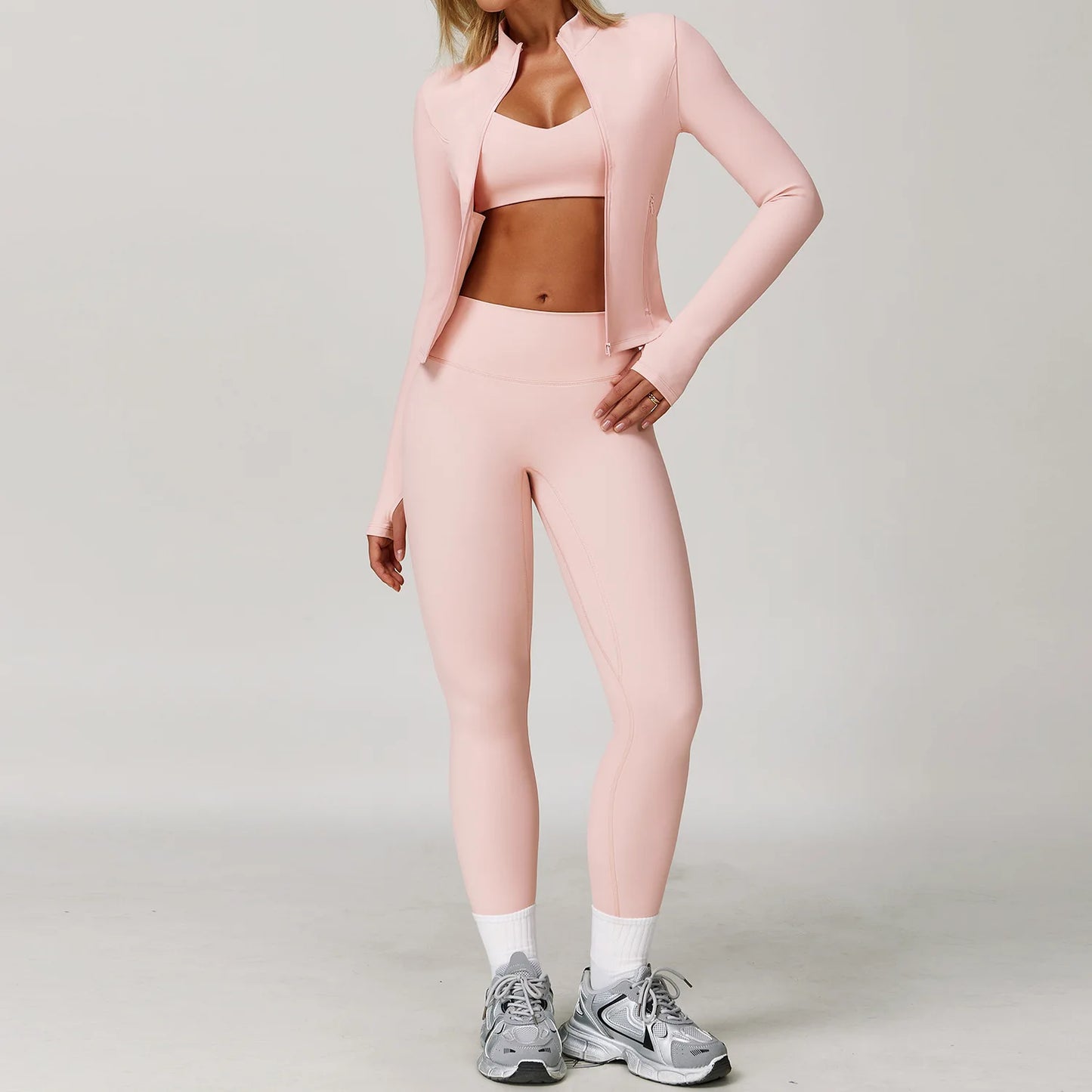Seamless Yoga Set for Women | Long Sleeve Sports Bra and Leggings Workout Set with Breathable Stretch Fabric Peach powder 3PCS-3