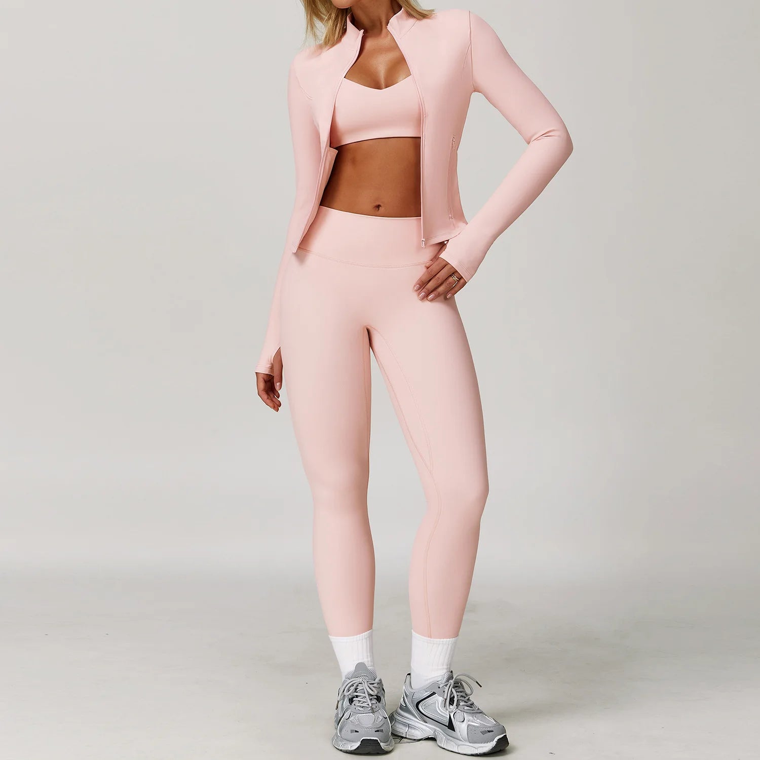 Seamless Yoga Set for Women | Long Sleeve Sports Bra and Leggings Workout Set with Breathable Stretch Fabric Peach powder 3PCS-3
