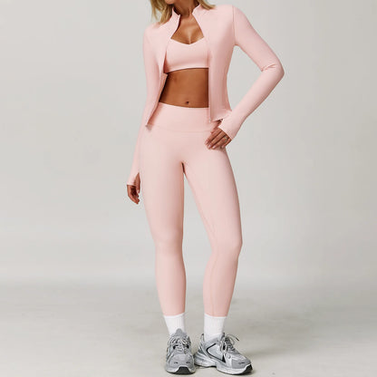 Seamless Yoga Set for Women | Long Sleeve Sports Bra and Leggings Workout Set with Breathable Stretch Fabric Peach powder 3PCS-3