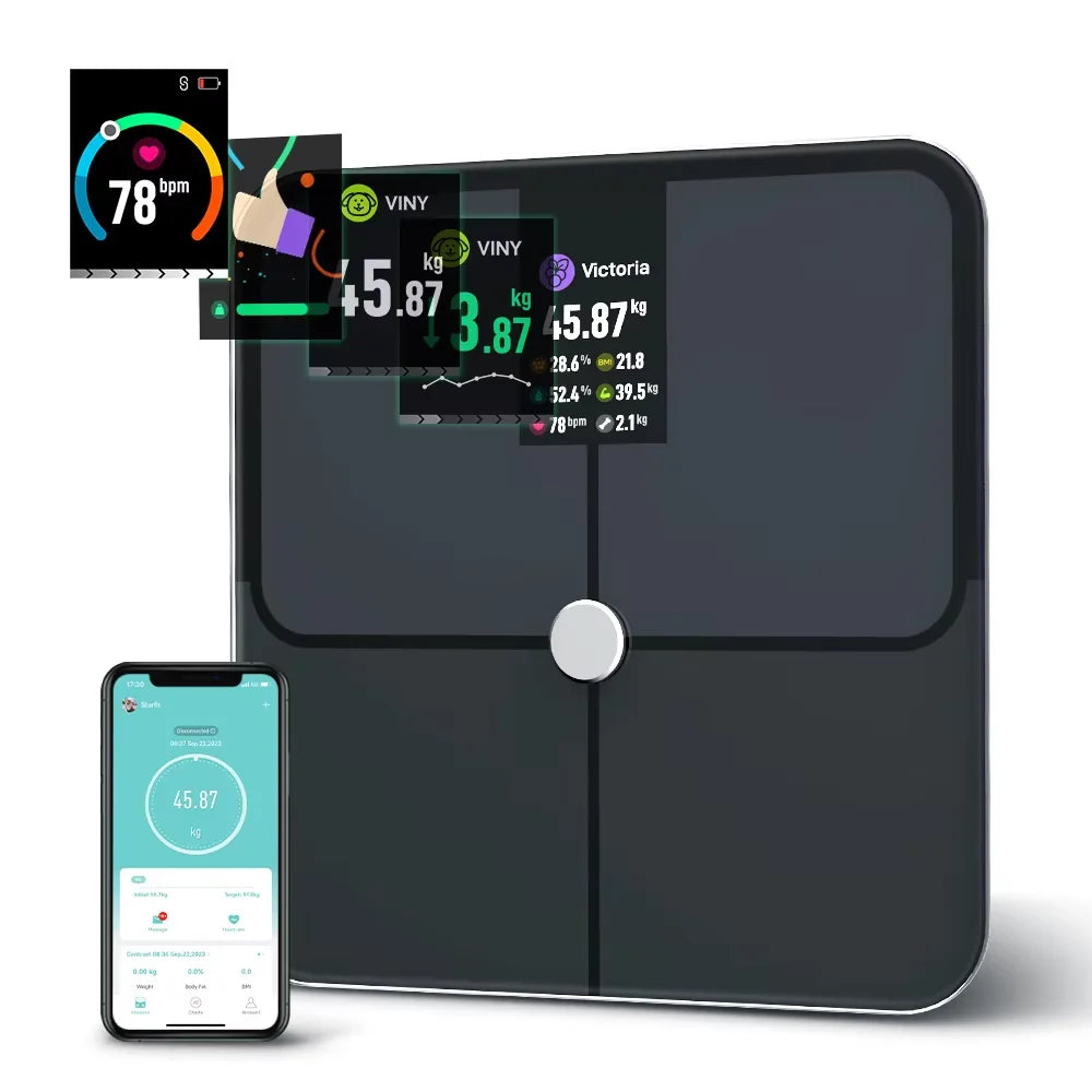 Smart Body Fat Scale with TFT Color Display | 16 Metrics, Heart Rate, Bluetooth App Sync, Tempered Glass & 400 lb Capacity
