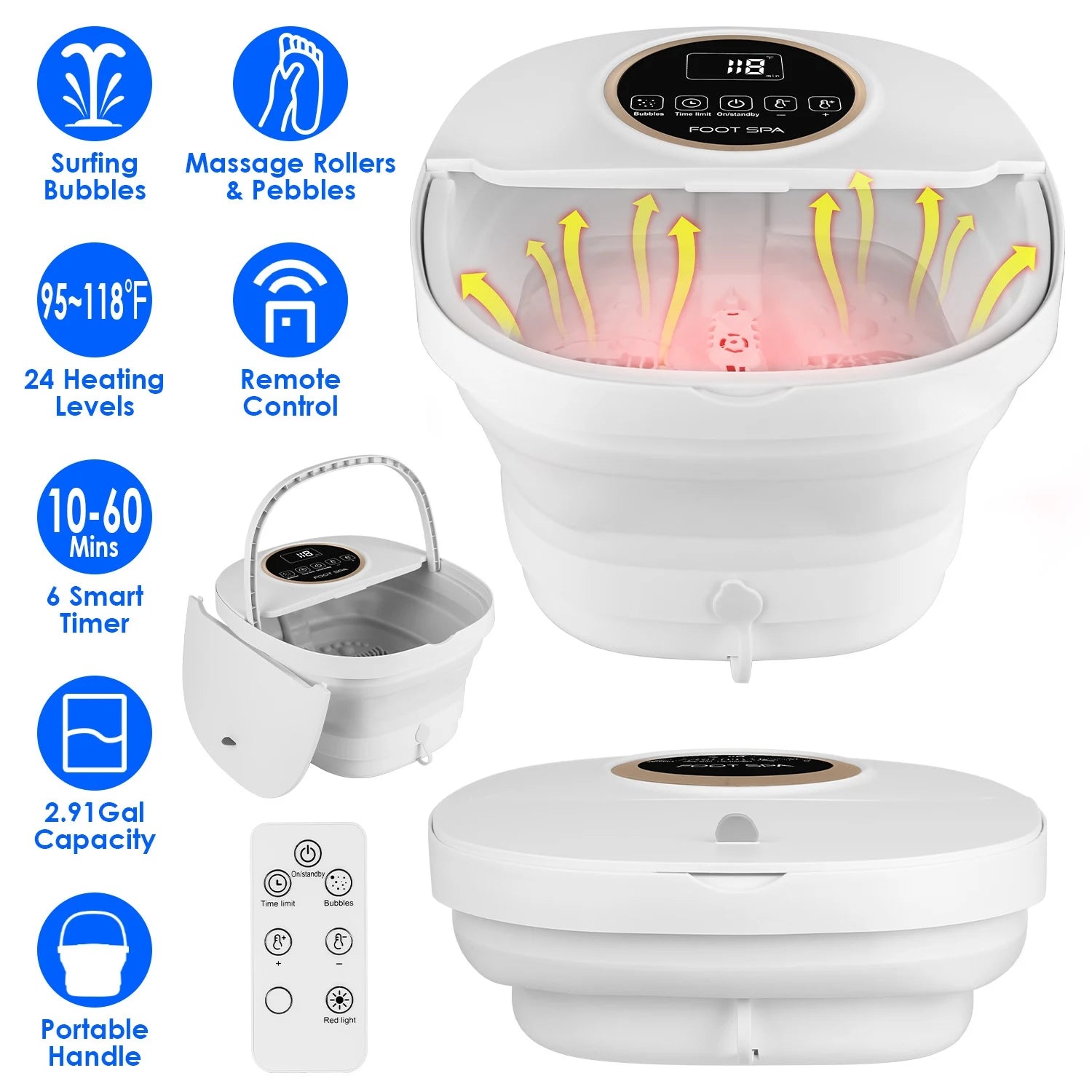 Collapsible Heated Foot Spa Bath Massager with Bubbles, 6 Rollers & Remote | 11L Basin, 95–118°F Control & Space-Saving Design