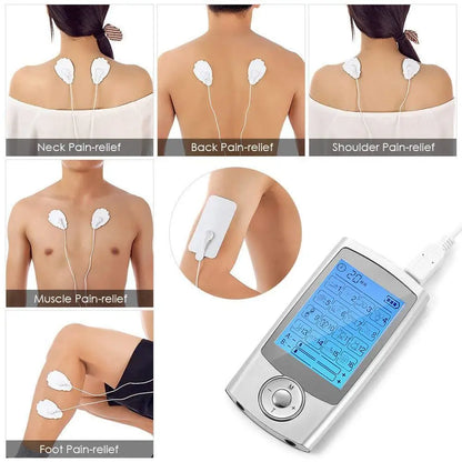 Portable TENS & EMS Pain Relief Massager | Dual Channel Muscle Stimulator with 16 Modes, 10 Intensity Levels, Rechargeable for Back & Neck Pain Silver