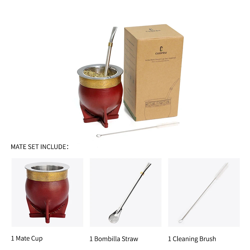 Premium Stainless Steel Yerba Mate Gourd Set | Gold Mate Cup with Bombilla Straw & Cleaning Brush