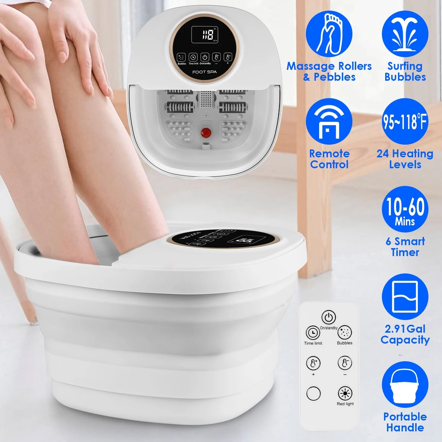 Collapsible Heated Foot Spa Bath Massager with Bubbles, 6 Rollers & Remote | 11L Basin, 95–118°F Control & Space-Saving Design