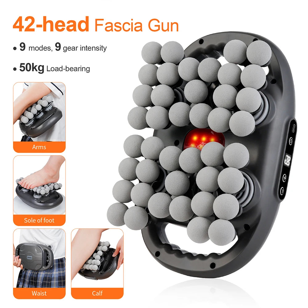 42-Head Deep Tissue Massage Gun with Red Light Heat | 9 Modes, 9 Intensities & Dual-Handle Full Body Fascia Massager