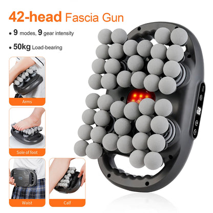 42-Head Deep Tissue Massage Gun with Red Light Heat | 9 Modes, 9 Intensities & Dual-Handle Full Body Fascia Massager