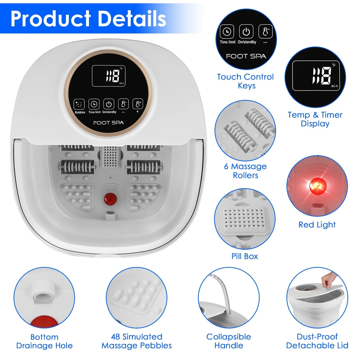 Collapsible Heated Foot Spa Bath Massager with Bubbles, 6 Rollers & Remote | 11L Basin, 95–118°F Control & Space-Saving Design