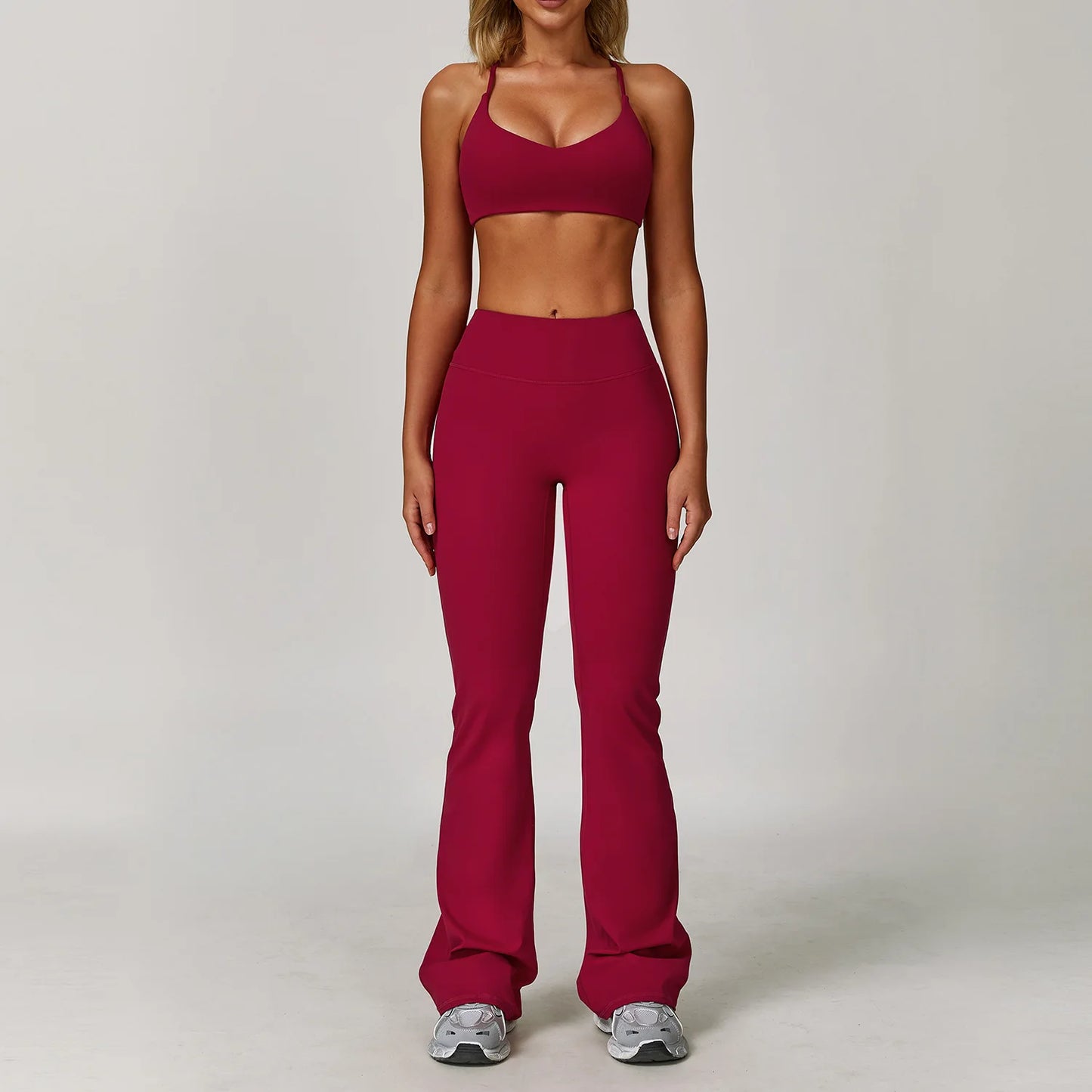 Seamless Yoga Set for Women | Long Sleeve Sports Bra and Leggings Workout Set with Breathable Stretch Fabric Raspberry Red 2PCS-1