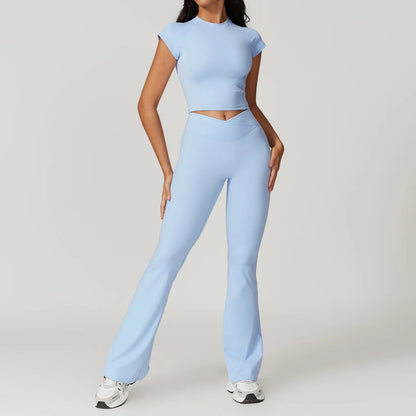 Yoga Set for Women | 2-Piece Short Sleeve Crop Top and High Waisted Leggings Workout Outfit with Quick-Dry Stretch Fabric Sky Blue Set-2