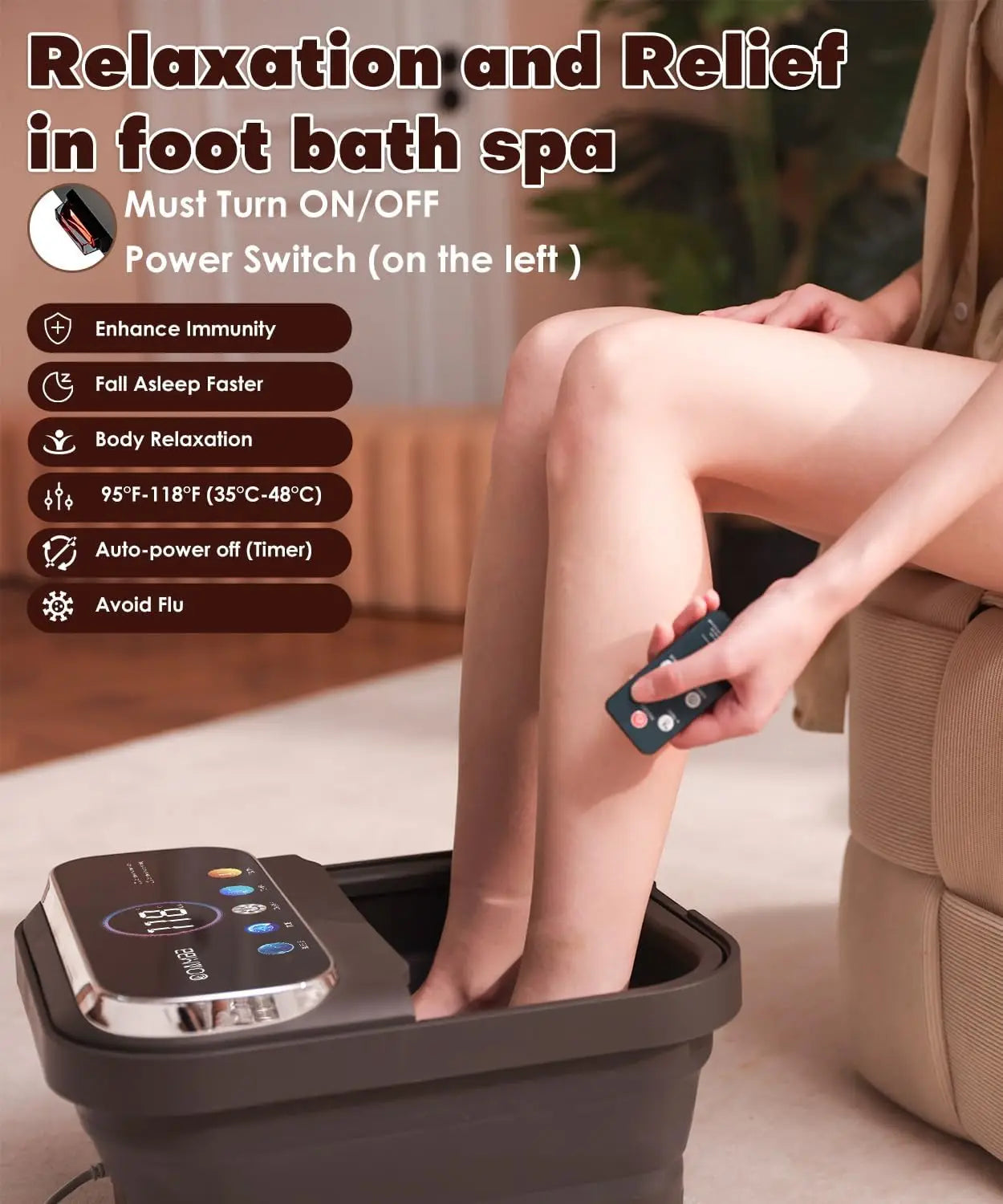 Collapsible Foot Spa with Heat & Bubbles | Foot Bath Massager with Temperature Control, Remote, Rollers & Pedicure Stone