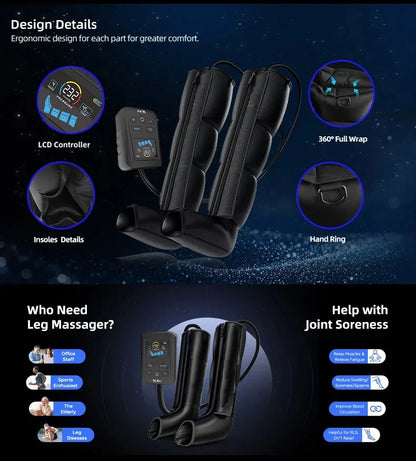 Air Compression Recovery Boots | 4-Chamber Leg Massager with 30–240 mmHg, 5 Intensities, LCD Timer & Rechargeable Battery