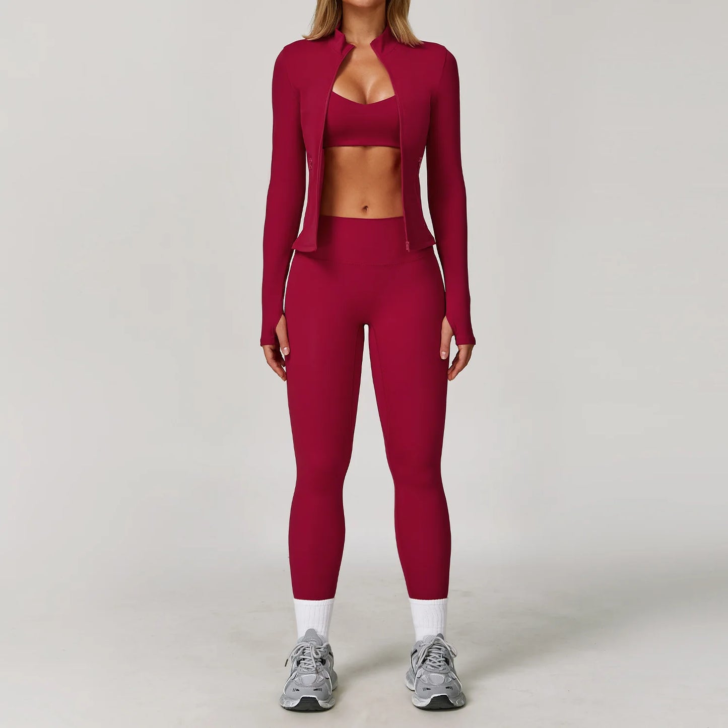 Seamless Yoga Set for Women | Long Sleeve Sports Bra and Leggings Workout Set with Breathable Stretch Fabric Raspberry Red 3PCS-3