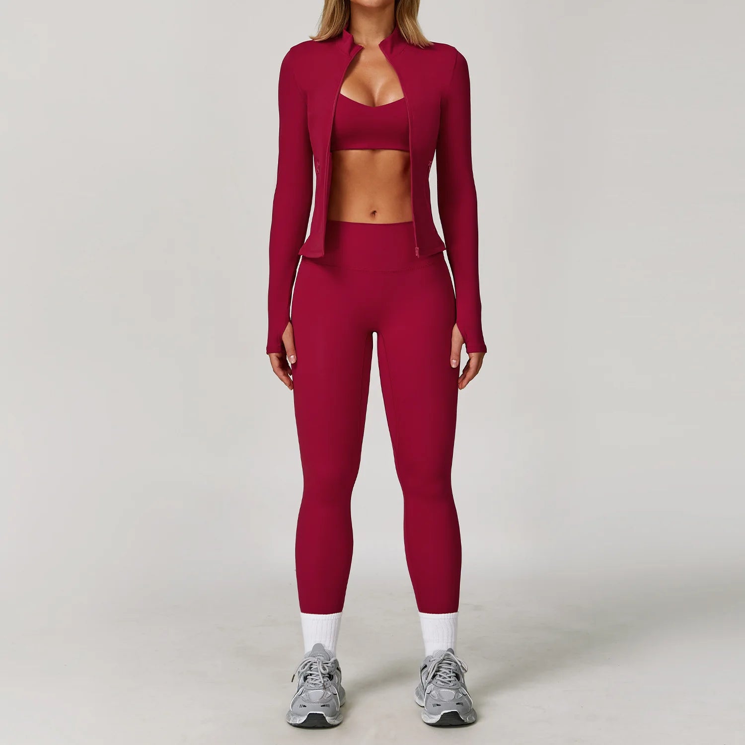 Seamless Yoga Set for Women | Long Sleeve Sports Bra and Leggings Workout Set with Breathable Stretch Fabric Raspberry Red 3PCS-3