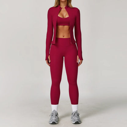 Seamless Yoga Set for Women | Long Sleeve Sports Bra and Leggings Workout Set with Breathable Stretch Fabric Raspberry Red 3PCS-3