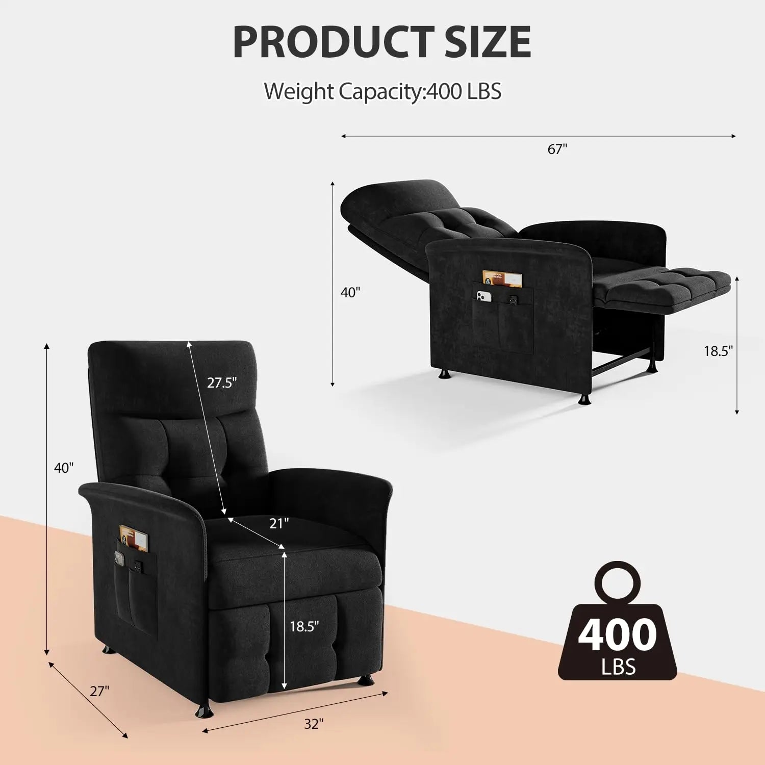 Power Recliner Chair with Massage and Heat | Electric Reclining Chair with 8 Vibration Nodes, Footrest & Side Pockets