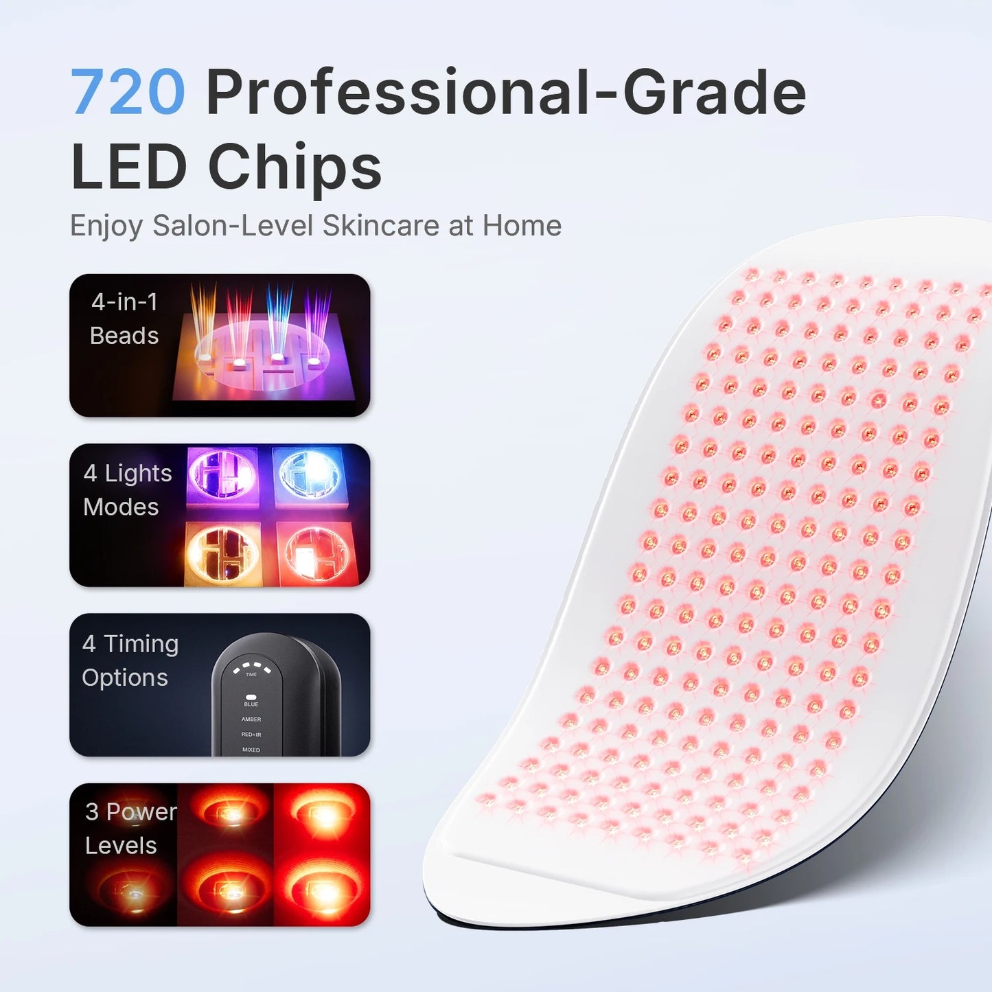 LED Light Therapy Mask | 720-Chip Red Blue Near Infrared Face & Body Skin Care Device with 4 Modes