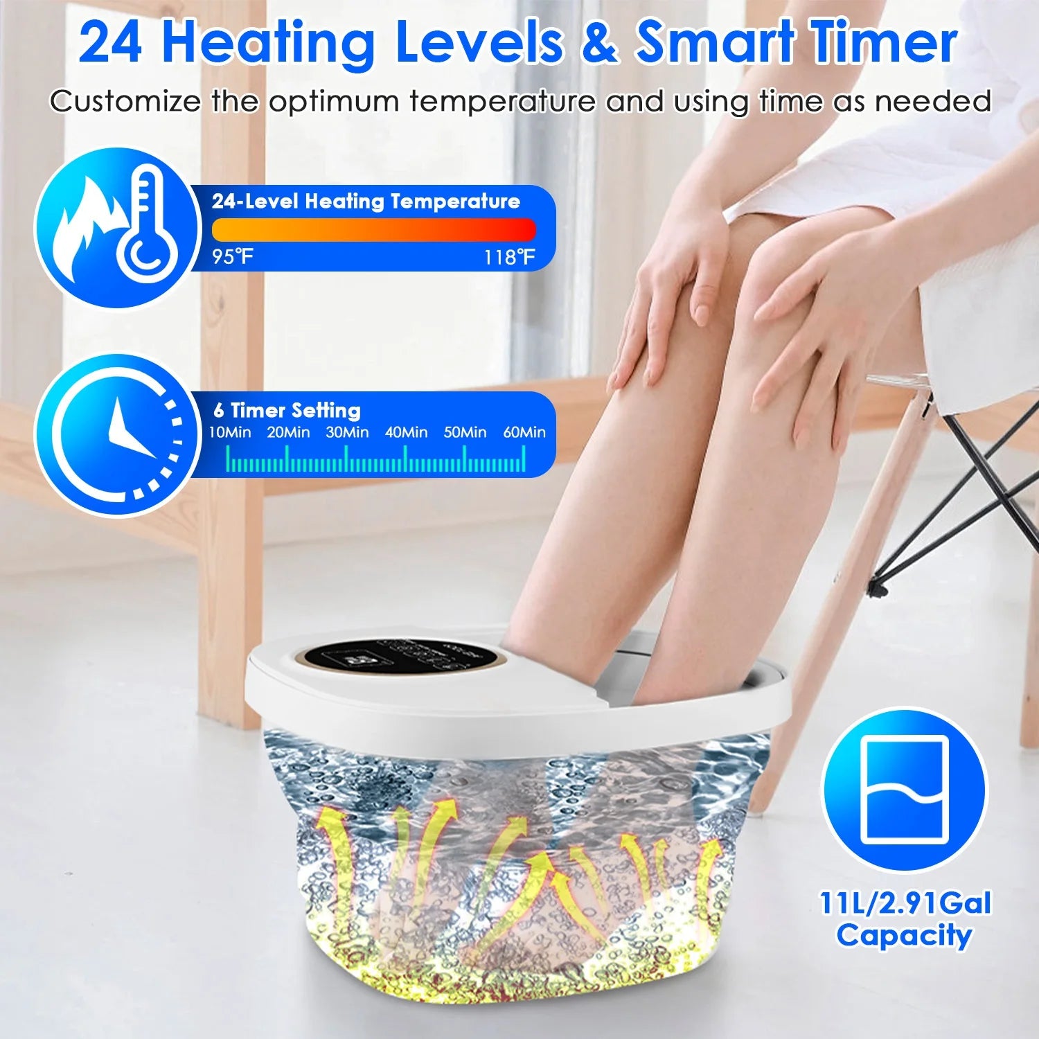 Collapsible Heated Foot Spa Bath Massager with Bubbles, 6 Rollers & Remote | 11L Basin, 95–118°F Control & Space-Saving Design