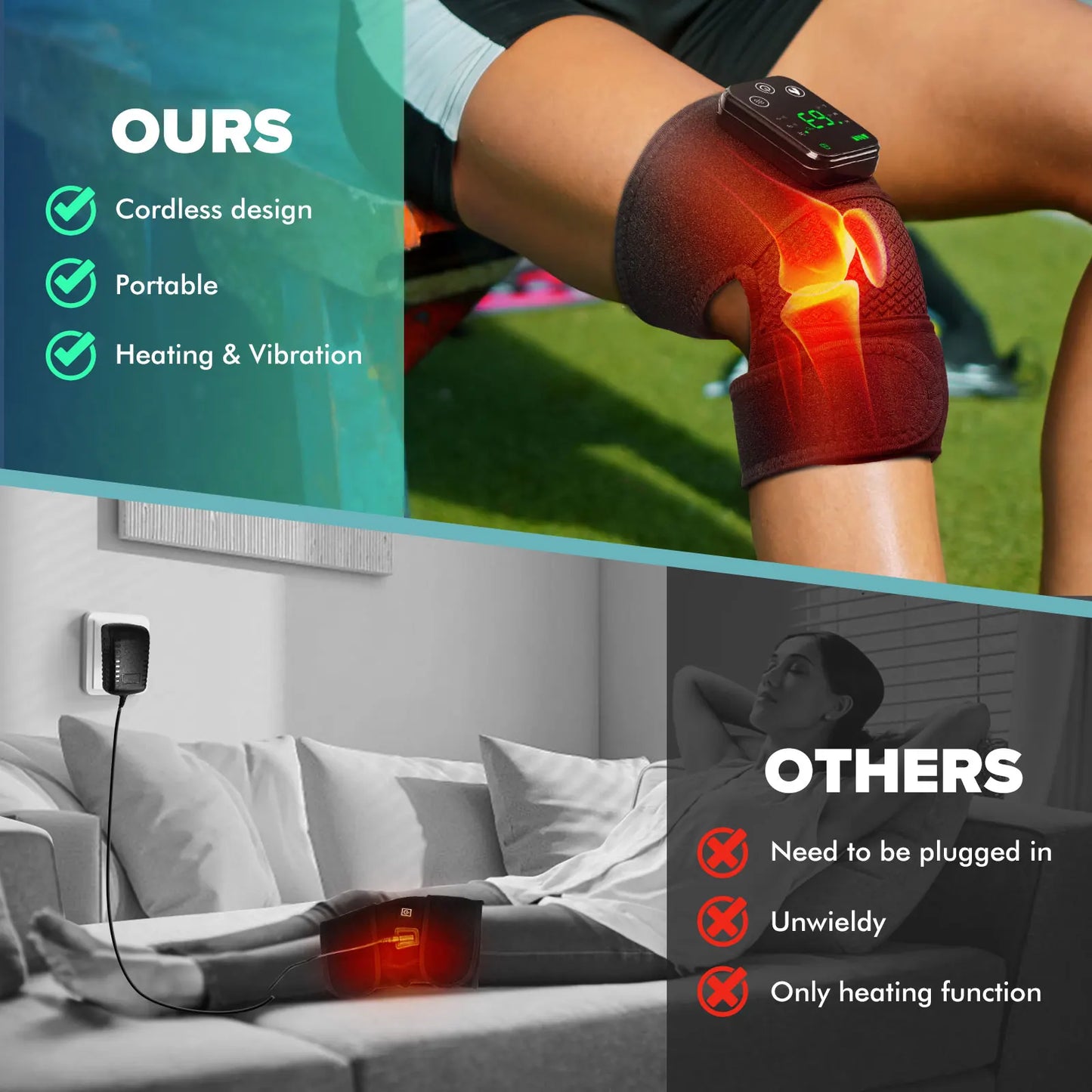 Cordless Heated Knee Massager Pad with Vibration | 3 Heat Levels, 3 Massage Modes, 4000mAh Battery & Adjustable Joint Straps