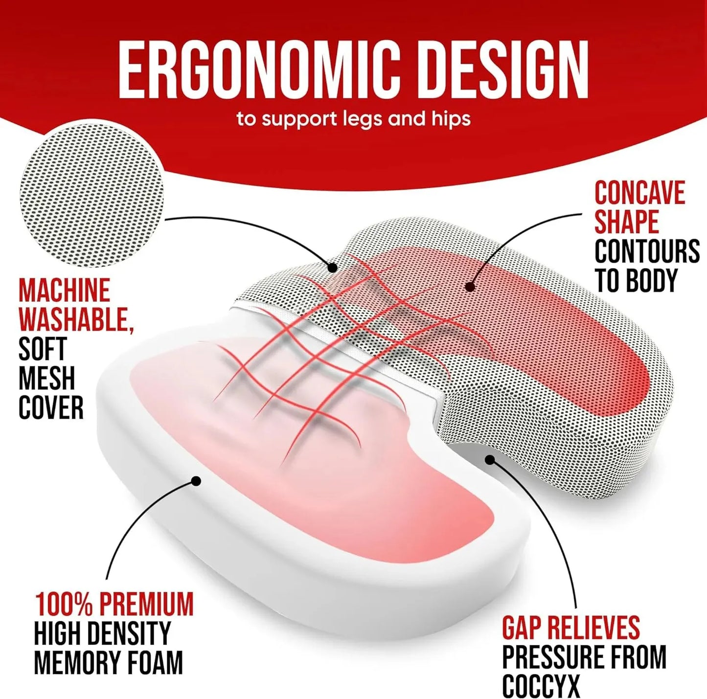 Memory Foam Coccyx Seat Cushion | Ergonomic Office Chair Pillow with U-Shaped Cutout & Removable Washable Cover