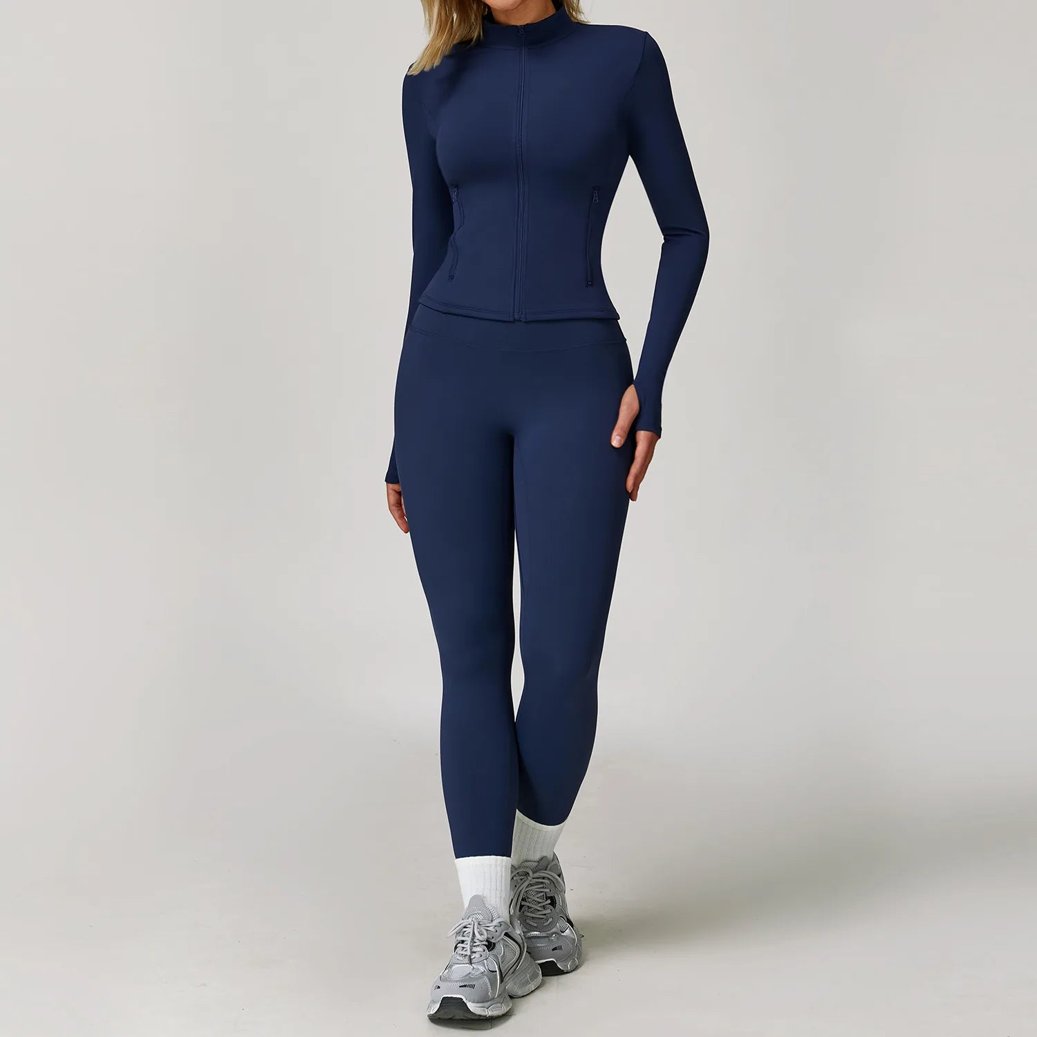 Seamless Yoga Set for Women | Long Sleeve Sports Bra and Leggings Workout Set with Breathable Stretch Fabric Badge Blue 2PCS-6