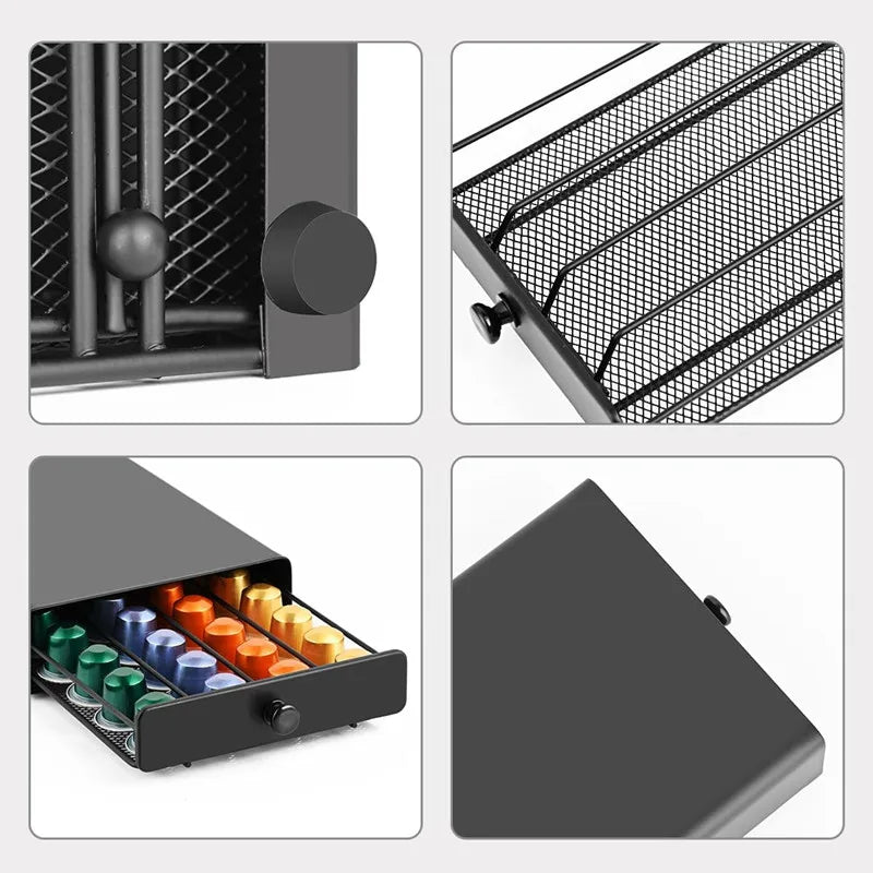 Coffee Pod Storage Drawer for Nespresso | 40-Capsule Under Machine Organizer with Steel Frame, Mesh Base & Non-Slip Pads