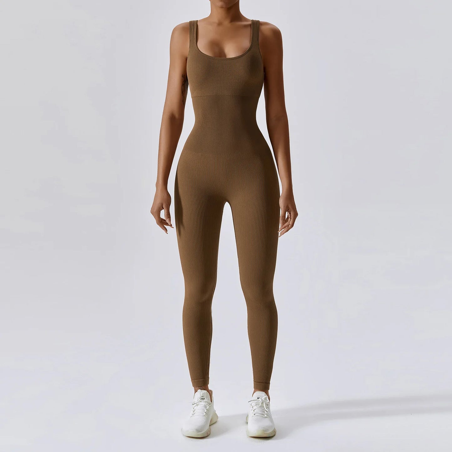 Yoga Jumpsuit for Women | Seamless One Piece Workout Bodysuit with Quick-Dry Stretch Compression Fit Coffee