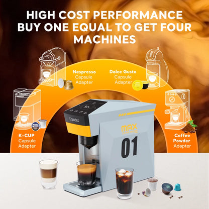 4-in-1 Capsule Coffee Machine for Nespresso, K-Cup & Dolce Gusto | 19-Bar Espresso Maker for Ground Coffee with Hot Water Mode