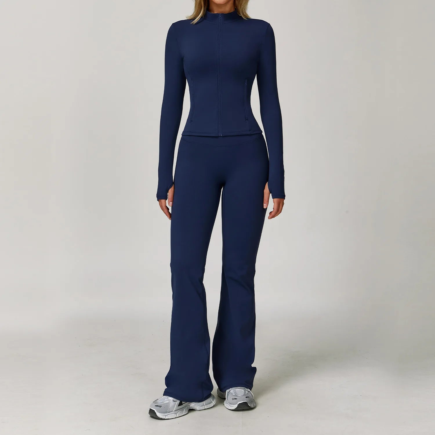 Seamless Yoga Set for Women | Long Sleeve Sports Bra and Leggings Workout Set with Breathable Stretch Fabric Badge Blue 2PCS-4