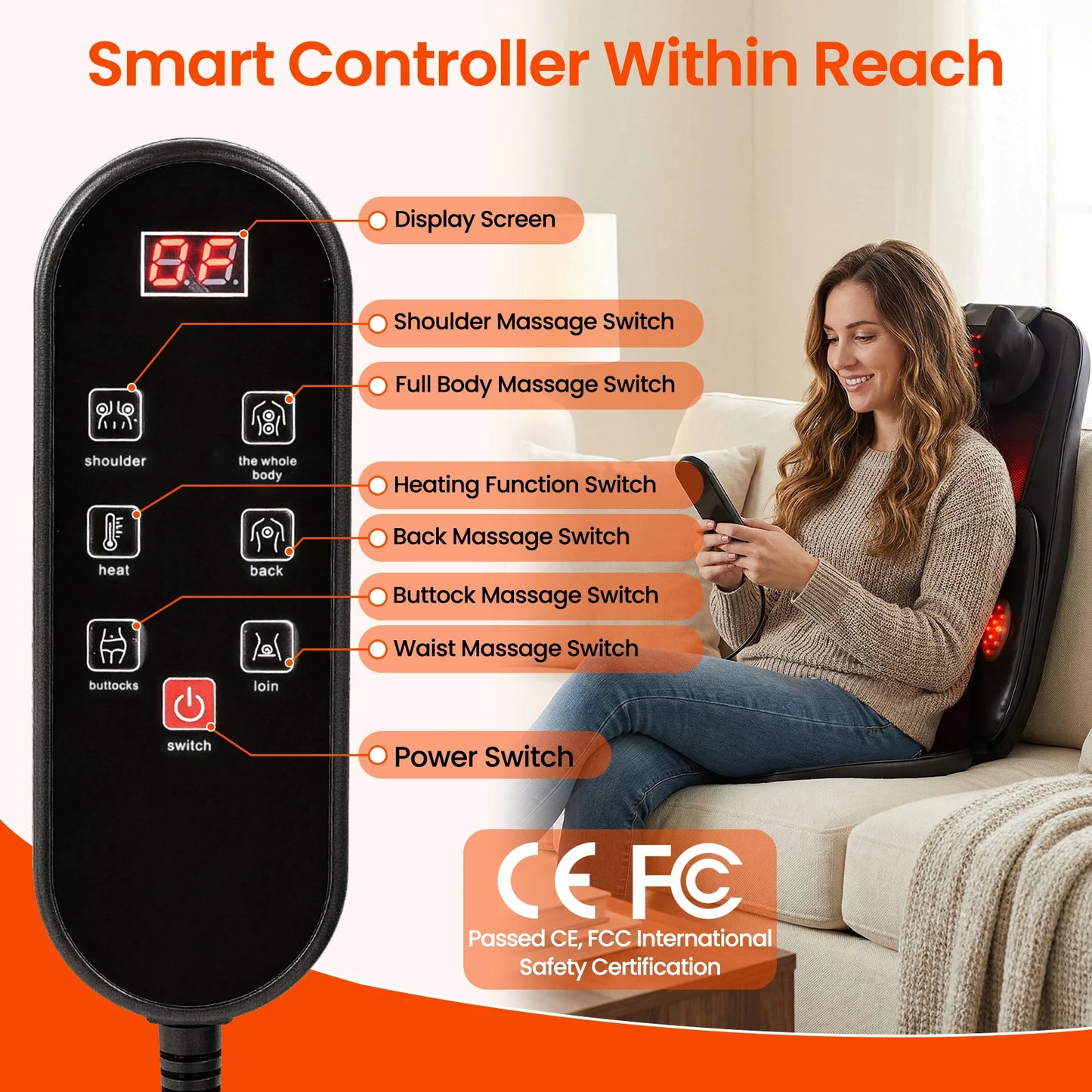Back Massager Seat Cushion with Heat | Full Back Vibration Chair Massager for Neck, Waist, Hips & Office Chair
