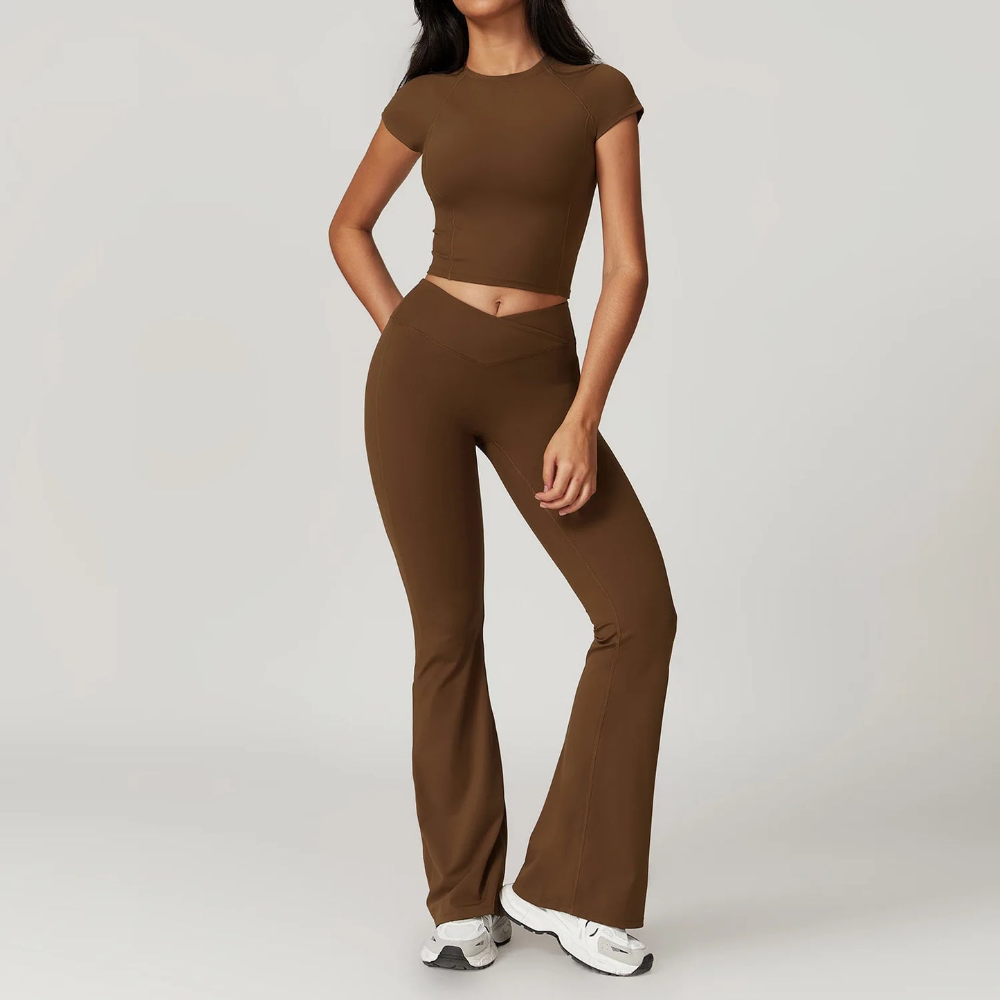 Yoga Set for Women | 2-Piece Short Sleeve Crop Top and High Waisted Leggings Workout Outfit with Quick-Dry Stretch Fabric Light Coffee Set-2