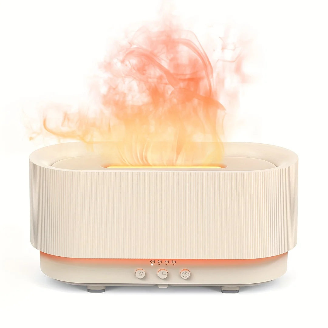 Flame Effect Essential Oil Diffuser 300ml | Ultrasonic Mist, LED Flames, 12H Runtime Beige